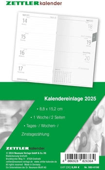 Zettler Ersatzeinlage 560 2025 für Taschenkalender 8,8x15,2cm 1 Woche/2 Seiten