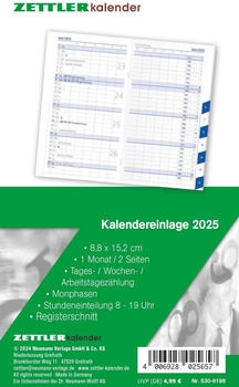 Zettler Kalenderersatzeinlage 530 2025 8,8x15,2cm für Taschenplaner 1 Monat/2 Seiten Registerschnitt