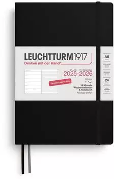 Leuchtturm1917 Wochenkalender & Notizbuch, 18 Monate 1 Woche auf 1 Seite 2026 Medium A5 Softcover Schwarz Liniert