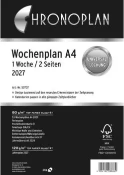 Chronoplan Kalendereinlage 2027 Wochenplaner A4, 1 Woche/2 Seiten (50707)