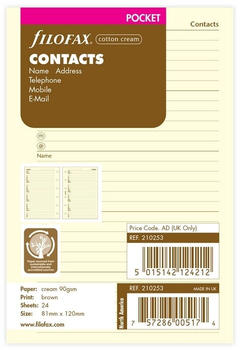 Filofax Einlagen Kontakte Pocket Cream englisch