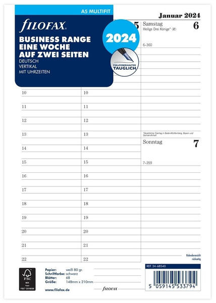Filofax Kalendereinlage 2024 A5 1 Woche auf 2 Seiten deutsch vertikal Multifit-Lochung