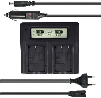 Akku-King Dual Akku-Ladegerät kompatibel mit Fuji NP-120 NP-95 NP-60 NP-40 - mit USB-Anschluss LCD-Display und Kfz-Ladekabel - Schnellladegerät