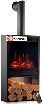 Kaminio Hugo Elektrokamin mit Ofenrohr, 3D-Flammeneffekt, 1800W, Schwarz (EF07-FP01)