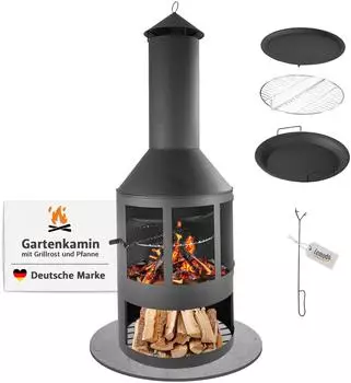 Lemodo Gartenkamin mit Grillrost, Pfanne & Funkenschutzt&uuml;r, 136cm (NA306)