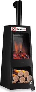 Kaminio KAI L Elektrischer Gartenkamin mit Ofenrohr, 3D-Flammeneffekt, LED-Ambientelicht (EF08-L-FP01-BK)