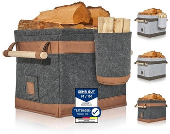 OAKAGE FireMaster Duo Holzkorb Filz mit Zündholzkorb dunkelgrau