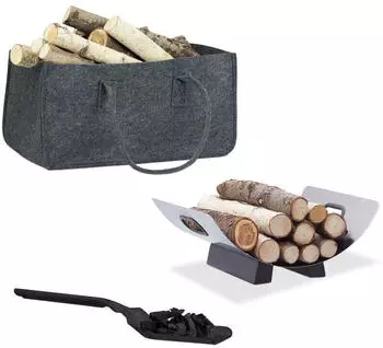 Relaxdays Kamin-Set 3-tlg. Kaminholztasche, Kaminholzkorb, Kohlenschaufel
