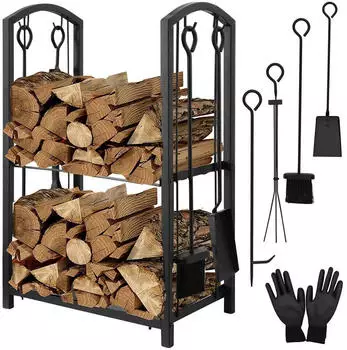 Melko Kaminholzregal 6-tlg. Set mit Kaminbesteck und Kaminhandschuhen, Metall, 2 Ebenen (46x31x74cm)