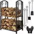 Melko Kaminholzregal 6-tlg. Set mit Kaminbesteck und Kaminhandschuhen, Metall, 2 Ebenen (46x31x74cm)