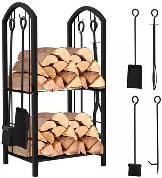 Vounot Kaminholzregal 2 Ebenen Metall mit 4 Kaminwerkzeugen, Innen/Au&szlig;en, 38x33x75cm, Schwarz
