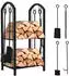 Vounot Kaminholzregal 2 Ebenen Metall mit 4 Kaminwerkzeugen, Innen/Außen, 38x33x75cm, Schwarz