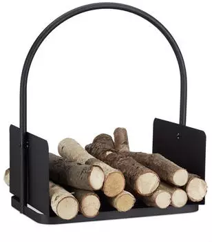 Relaxdays Kaminholz-Set 2-teilig, Regal & Korb, pulverbeschichteter Stahl, schwarz (46.5x64x111.5cm)