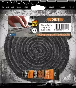 pyro feu Schamottedichtung Rund 8mm x 2,5m Fiberglas schwarz mit Kleber (PF-4922)