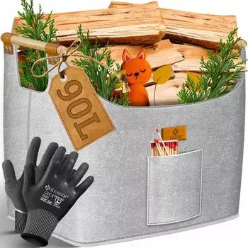 Kesser Kaminholzkorb Faltbar Extra Dicker Filz, Verst&auml;rkte Holzgriffe, 60L (28195)