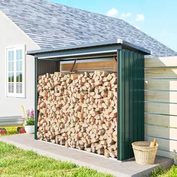 Outsunny Kaminholzregal mit Pultdach, Metall, gr&uuml;n, 213x66,5x150cm (84H-422V01GN)