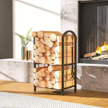 Outsunny Kaminholzregal 2 Ebenen mit 4 Haken, Metall, 43x30x74cm