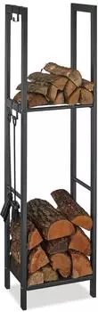 Relaxdays Kaminholzregal 2 Ablagen, 4 Haken, Stahl, anthrazit, 150x40x30cm