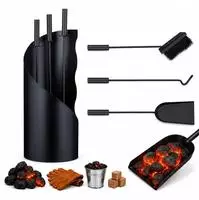 Relaxdays Kaminbesteck 10038755, aus Metall, schwarz, 4-teilig, mit Besen, Schaufel