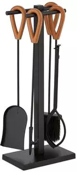 Relaxdays Kaminbesteck Set 5 teilig Leder/Eisen schwarz/silber