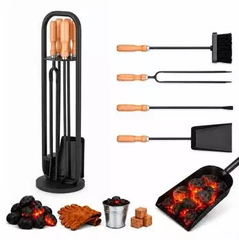 Relaxdays Kaminbesteck 5-teilig mit Holzgriffen Hellbraun,Schwarz (10052256)