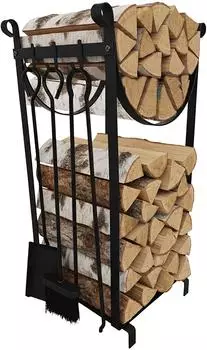 Relaxdays Kaminholzregal mit Kaminbesteck Schwarz (10052366)