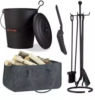 Relaxdays Kamin-Komplettset 8-tlg. Ascheeimer, Kohlenschaufel, Holztasche, Besteck Stahl/Filz schwarz/anthrazit