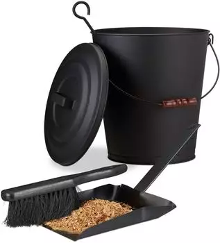 Relaxdays Kaminreinigungs-Set 2-tlg. Ascheeimer & Kehrgarnitur Stahl 24L schwarz