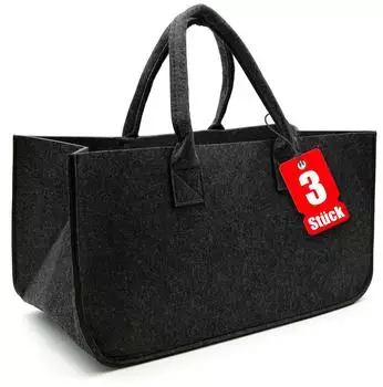 BigDean Filztasche anthrazit, faltbar, f&uuml;r Kaminholz/Shopper, 3er-Set