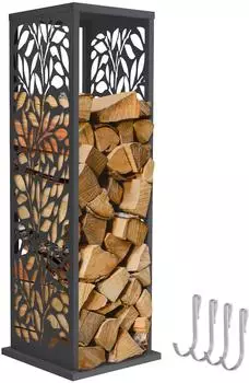 ML-Design Kaminholzregal S&auml;ule 37,5x37,5x112cm, Stahl verzinkt, anthrazit, Bl&auml;tter-Motiv