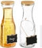 Relaxdays Wasserkaraffe, 2er Set, 1 Liter, Glaskaraffe mit Bambusdeckel, zum Beschriften, transparent/Natur
