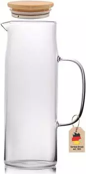 Intirilife Glaskaraffe 1,3l mit Bambusdeckel, Borosilikatglas (DE-142463)
