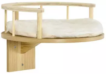 Pawhut Kratzbaum Wandliege Katzenbett mit Schutzrand Liegekissen Eiche+Cremewei&szlig; &Oslash;34 x 10.5H cm