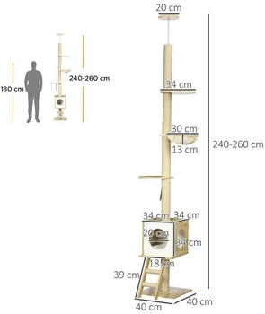 Pawhut Kratzbaum braun Spanplatte B/H/L: ca. 40x40x260 cm – Vielseitiger Spielspaß auf mehreren Ebenen