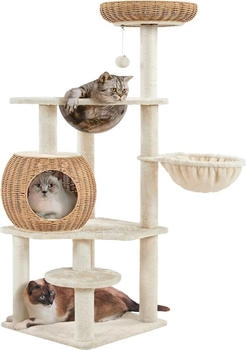Yaheetech Rattan Katzenbaum mit Katzenhaus waschbare Kissen Korb Sisalstämme Beige 137,5cm