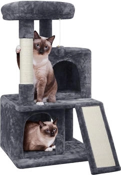Yaheetech Katzenbaum mit 2 Häuschen Sisal-Kratzstangen und Spielball Dunkelgrau 91cm