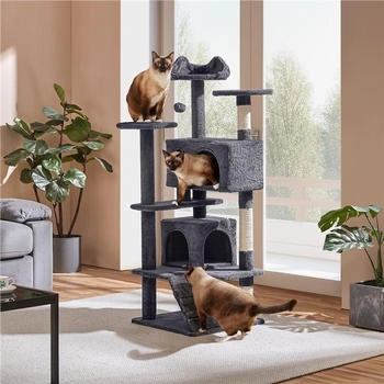 Yaheetech Kletterbaum mit 3 Aussichtsplattformenmit 2 Kuschelhöhlen Dunkelgrau 137cm