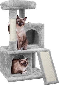 Yaheetech Katzenbaum mit 2 Häuschen Sisal-Kratzstangen und Spielball Hellgrau 91 cm