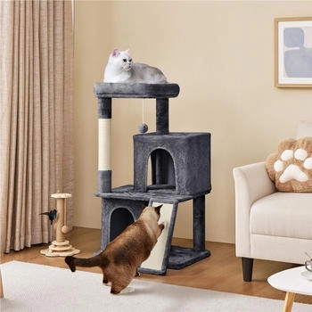 Yaheetech Katzenbaum mit 2 Häuschen Sisal-Kratzstangen und kuschelige Spielball Dunkelgrau 106 cm