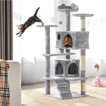 Yaheetech Kletterbaum mit 3 Aussichtsplattformen mit 2 Kuschelhöhlen Hellgrau 137 cm