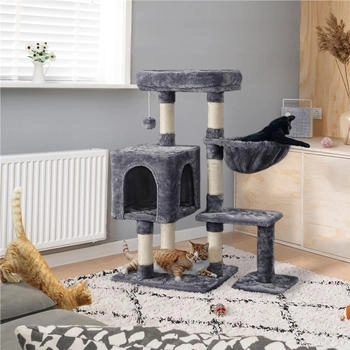 Yaheetech Katzenbaum Plüsch mit Liegefläche und Höhle Höhe 96 cm Dunkelgrau