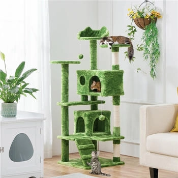 Yaheetech Kletterbaum mit 3 Aussichtsplattformen 137 cm mit 2 Kuschelhöhlen Stabil Spielbaum Grün