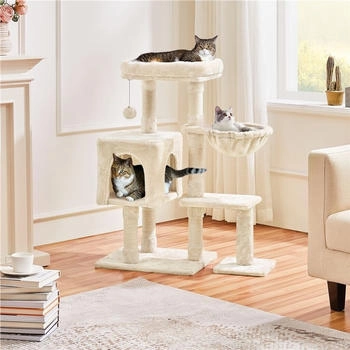Yaheetech Plüsch Kletterbaum mit Liegefläche und Höhle Katzenmöbel Höhe 96 cm Beige
