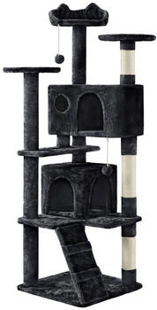Yaheetech Kletterbaum mit 3 Aussichtsplattformen & 2 Katzenhöhlen & 2 Abnehmbare Plüschball Schwarz 49 cm x 156 cm x 49 cm