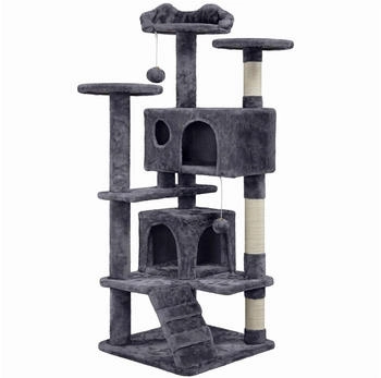 Yaheetech Kletterbaum mit 3 Aussichtsplattformen & 2 Katzenhöhlen & 2 Abnehmbare Plüschball Dunkelgrau 48 cm x 137 cm x 48 cm