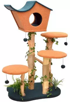 Wiltec mit Pflanzendeko 135 cm mit Teddyfell und Birnbaumholz Katzenhaus mit Spielb&auml;llen Katzenm&ouml;bel mit Plattformen