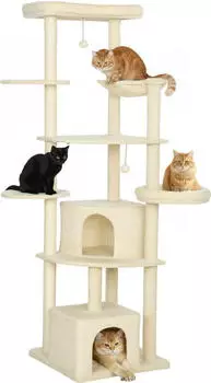 Pawhut Gro&szlig;e 200 cm hoch Katzenbaum mit 2 Betten 2 H&ouml;hlen H&auml;ngematte 2 B&auml;llen mehrst&ouml;ckiger mit Sisal-Seil Pl&uuml;sch Kippsicher f&uuml;r 2-3 Katzen unter 6 kg Beige