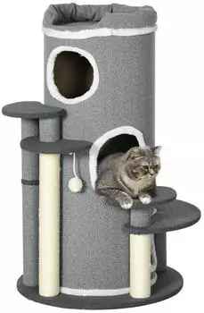 Pawhut 99 cm Katzenturm mit 3 H&ouml;hle Spielball Sisalst&auml;mme Plattform mehrst&ouml;ckiger Kletterbaum f&uuml;r mittelgro&szlig;e Katzen Grau