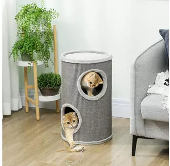 Pawhut 60 cm Hoch &Oslash; 35 cm zweist&ouml;ckige Katzentonne mit 2 H&ouml;hle mit Pl&uuml;schrand Katzenturm f&uuml;r 1-2 Katzen bis 5 kg Hellgrau