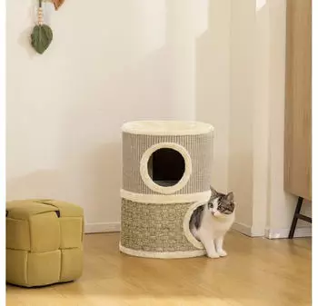 Pawhut f&uuml;r Katzen 49 cm Hoch &Oslash; 35,5 cm Katzentonne mit 2 Etagen Sisalseil Pl&uuml;sch Katzenh&ouml;hle f&uuml;r gro&szlig;e Katzen Khaki+Kaffee